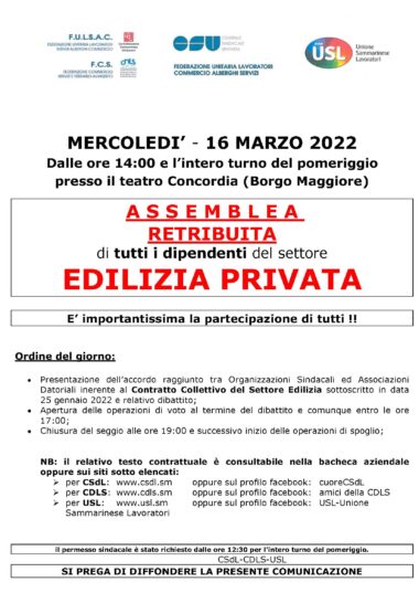 CONTRATTO COLLETTIVO UNICO SETTORE EDILIZIA Unione Sammarinese Lavoratori